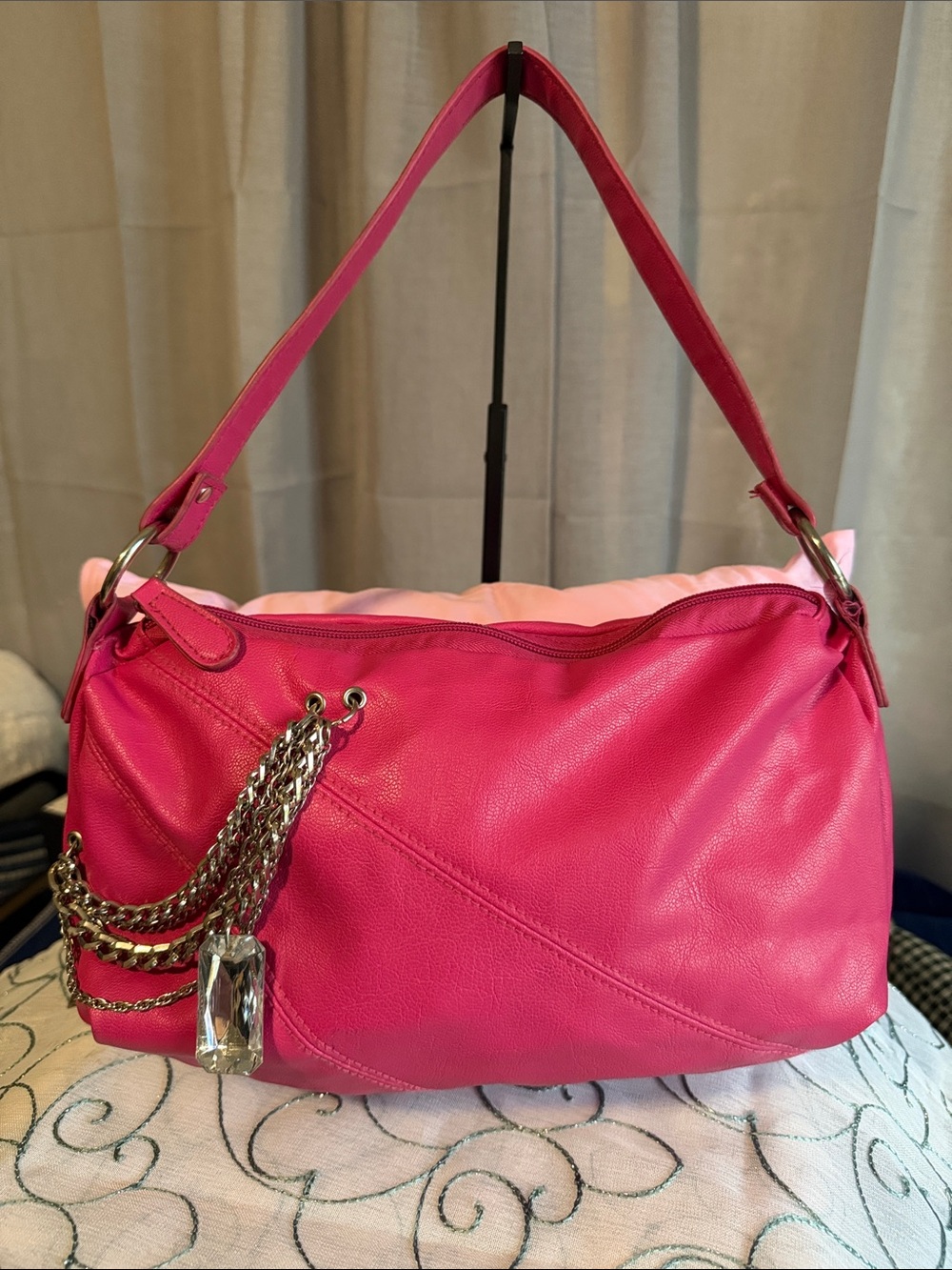 Candie's Bright Pink Shoulder Bag with Chain Charm